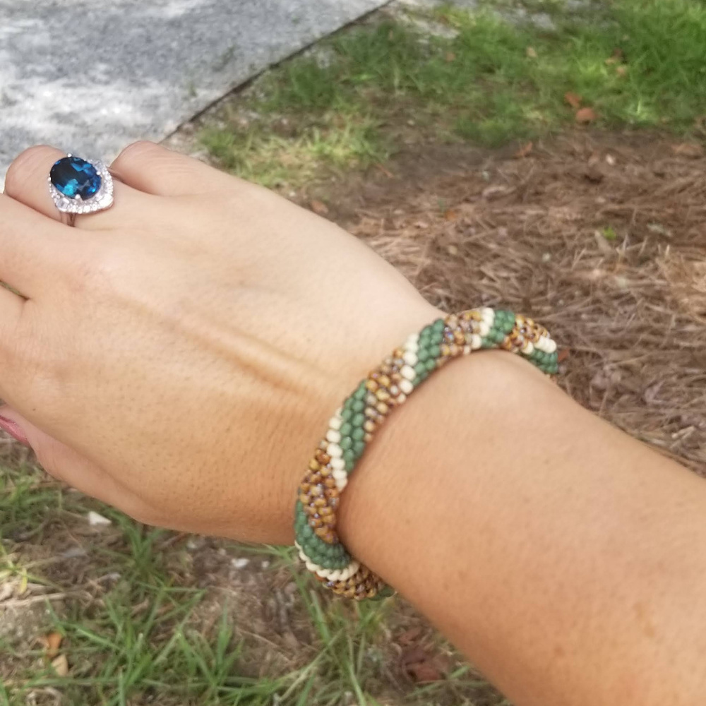 Green/Brown/Cream Beaded Crochet Bracelet